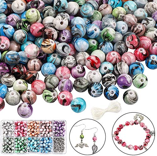 DICOBD 540pcs 8mm Beads for Jewelry Making Multi Color Acrylic Round Loose Marble Beads in Ink Patterns with 80pcs Spacer Beads and Elastic String for Making Bracelets