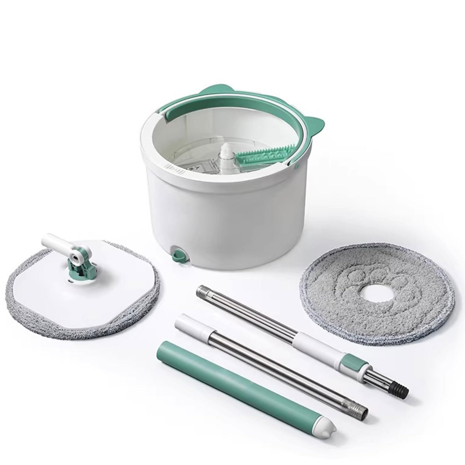 Juego de cubeta para fregona giratoria con escurridor, Sistema de Agua Limpia y Sucia con autoseparación, 1 Recambio Adicional de Almohadillas de Microfibra para fregona. diseño Compacto