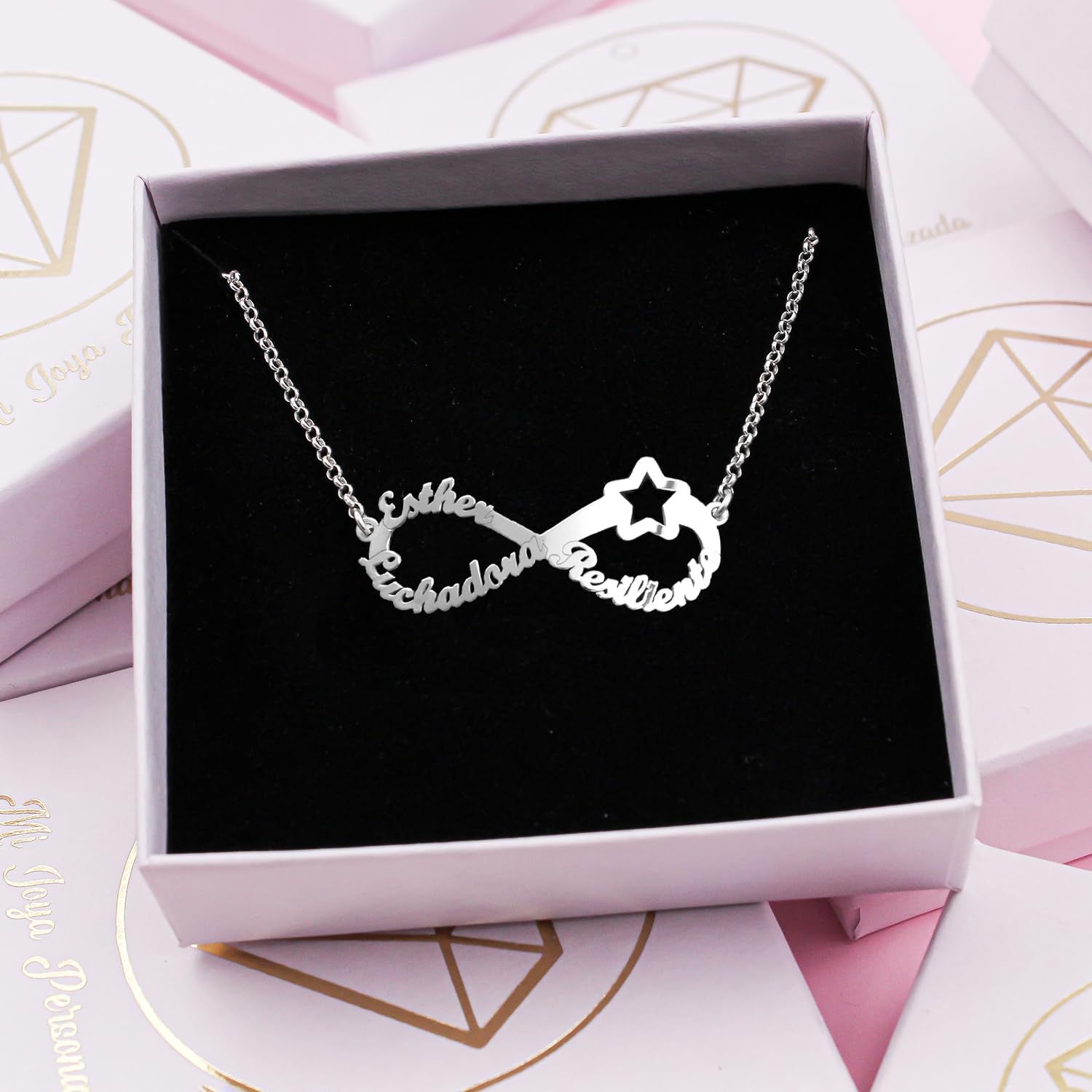 Collar Infinito Mujer Plata de Ley con Estrella personalizado con hasta 3 nombres Regalo para Novia, Madre, Abuela o Día de Enamorados o Navidad