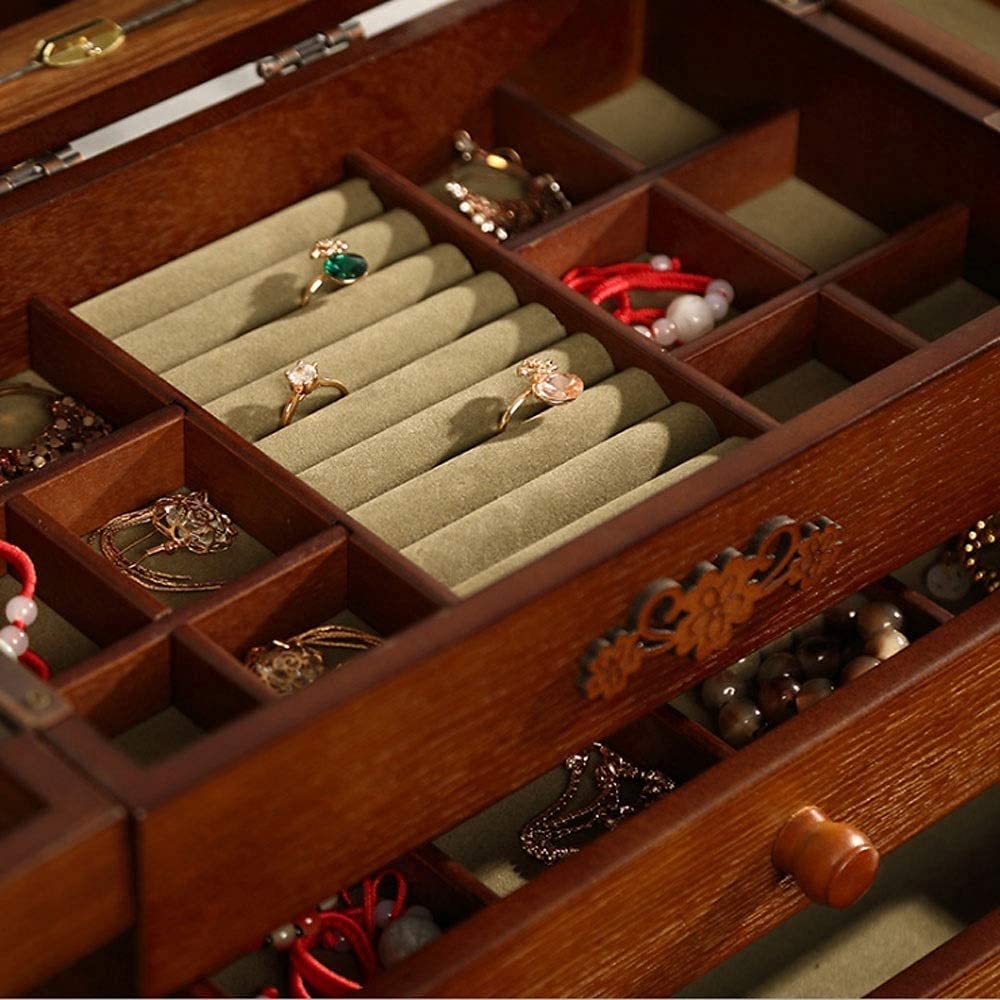 Scatola di Gioielli in Legno da Donna, Specchio Incorporato, Bellissimi Fiori scolpiti in Cima, Migliore Regalo di Natale e Compleanno per Le Donne e Le Ragazze