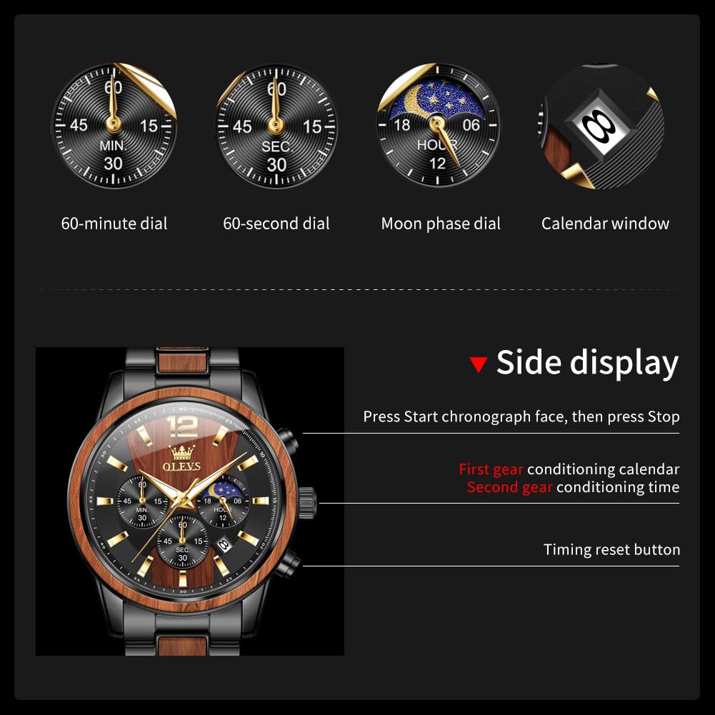 OLEVS Montre chronographe Homme à Quartz Japonais : Bracelet en Bois Massif ou Acier Inoxydable, étanche, Classique et élégante - Cadeau Parfait pour Homme