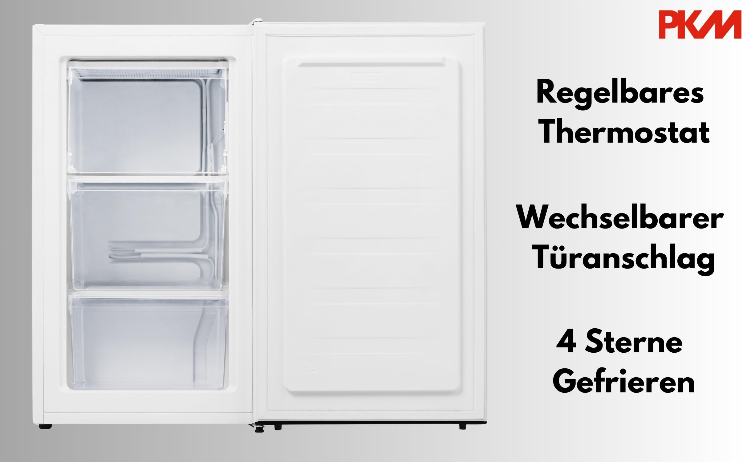 PKM GS61E Gefrierschrank 61 Liter Nutzinhalt | Weiß | Flüsterleise mit 38 dB | Wechselbarer Türanschlag | 4 Sterne Gefrierfach | Energieeffienzklasse E | Gefrieren | Freistehend