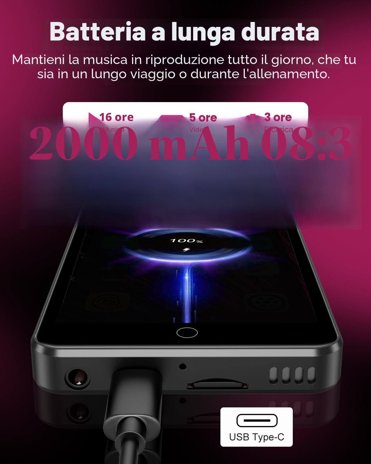 Lettore MP3 ZAQE da 80 GB con Bluetooth e WiFi, lettore MP3 MP4 con touchscreen da 4,0 pollici, lettore MP3 Android con Spotify, Audible, Deezer, lettore musicale HiFi con kinder (Nero)