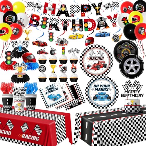 Race Car Birthday Party Decorations, All-in-1 Cars Birthday Decorations with Balloons Checkered Plates Napkins Cake Toppers Honeycombs Tablecloths and Banner Racing Decorations for Race Day, Serve 24