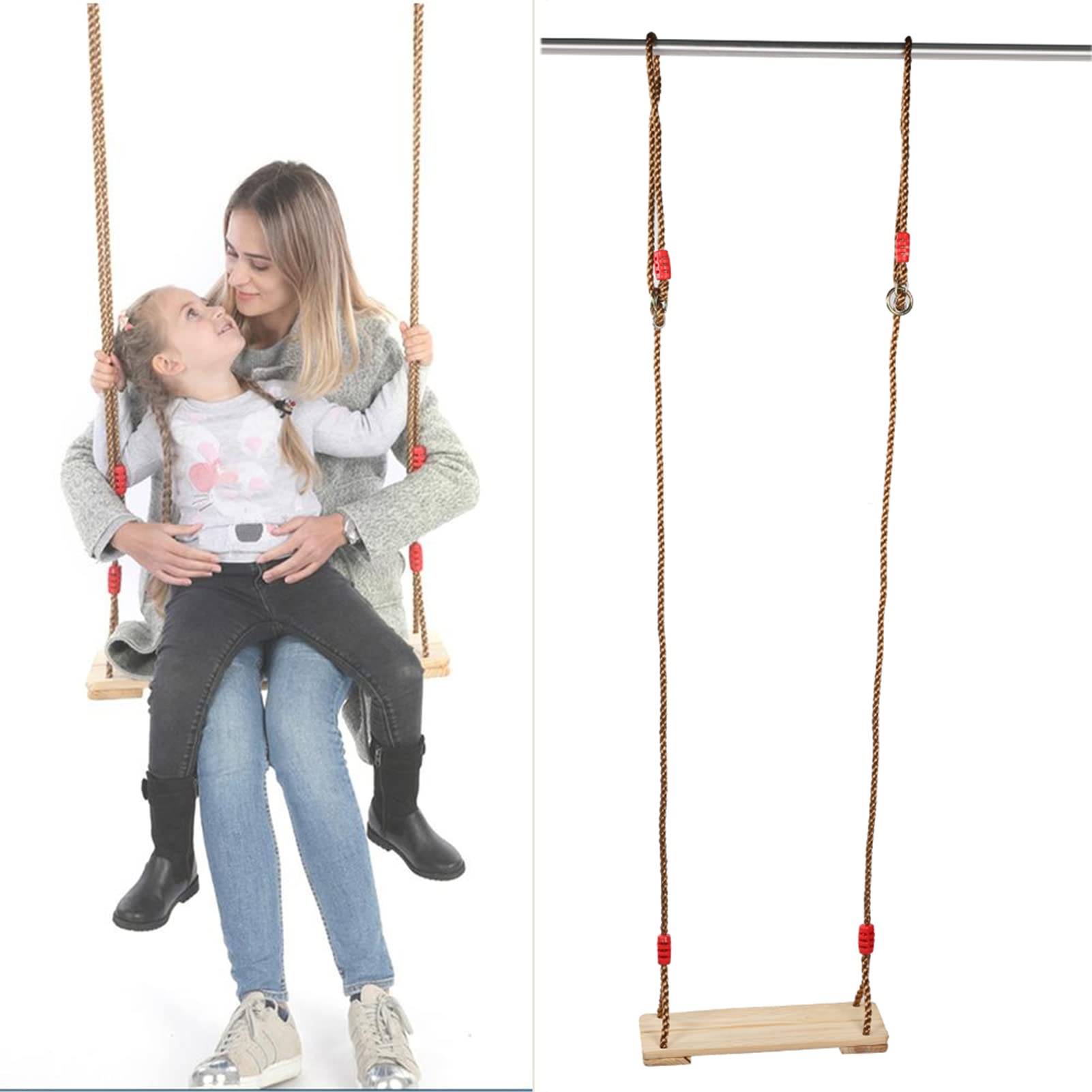 Altalena sospesa per bambini, altalena in legno per bambini e adulti, design dalla forma unica con fibbia di regolazione in metallo, corda intrecciata a più fili per parchi giochi