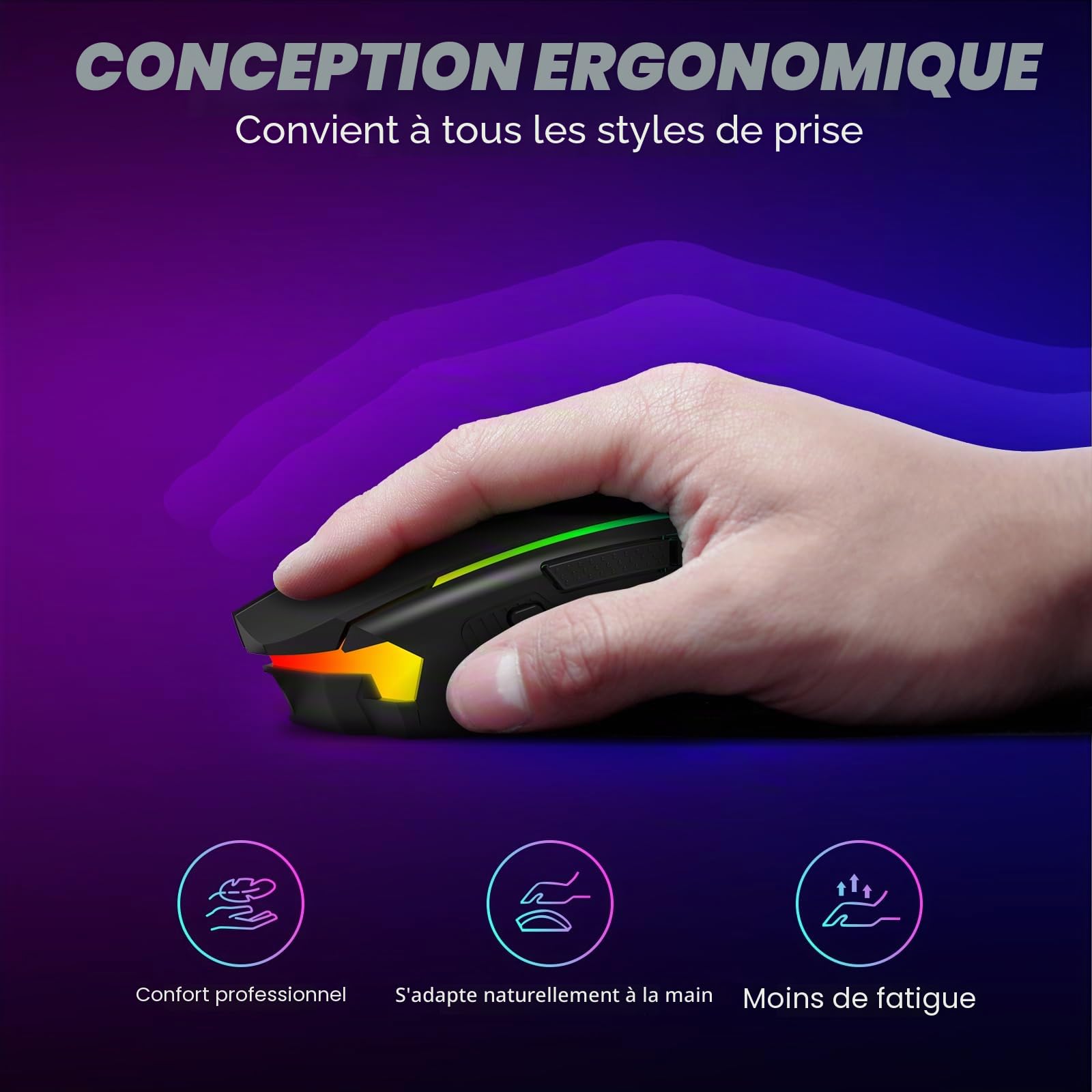 Redragon M914P Souris Gamer sans Fil,RVB Tri-Mode 2.4 G/USB-C/Bluetooth,12000 PPP,9 Boutons Programmable avec Bouton de Feu,70 Heures Rechargeable,Souris Gaming de Jeu pour PC/Mac - Noir
