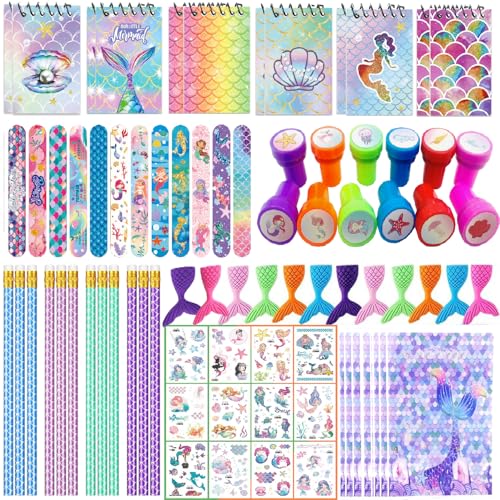XINNIAN 84 peças aniversário sereia presente de festa, brinquedos de festa de sereia para meninas, artigos sereia festas para crianças, bolsa de festa caderno lápis apagador pulseiras selo tatuagens