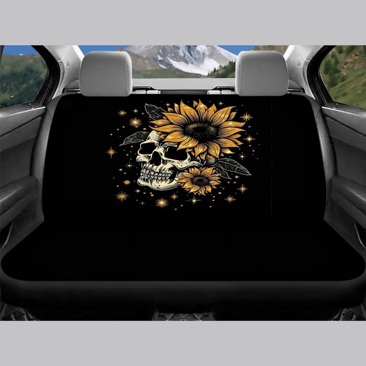 Foruidea Car Seat Cover Full Set Skull and Sunflower Car Seat Covers for Car Auto Seats Protector Front and Rear Bench Seats Fit Most Cars,SUV,Sedan,Trucks