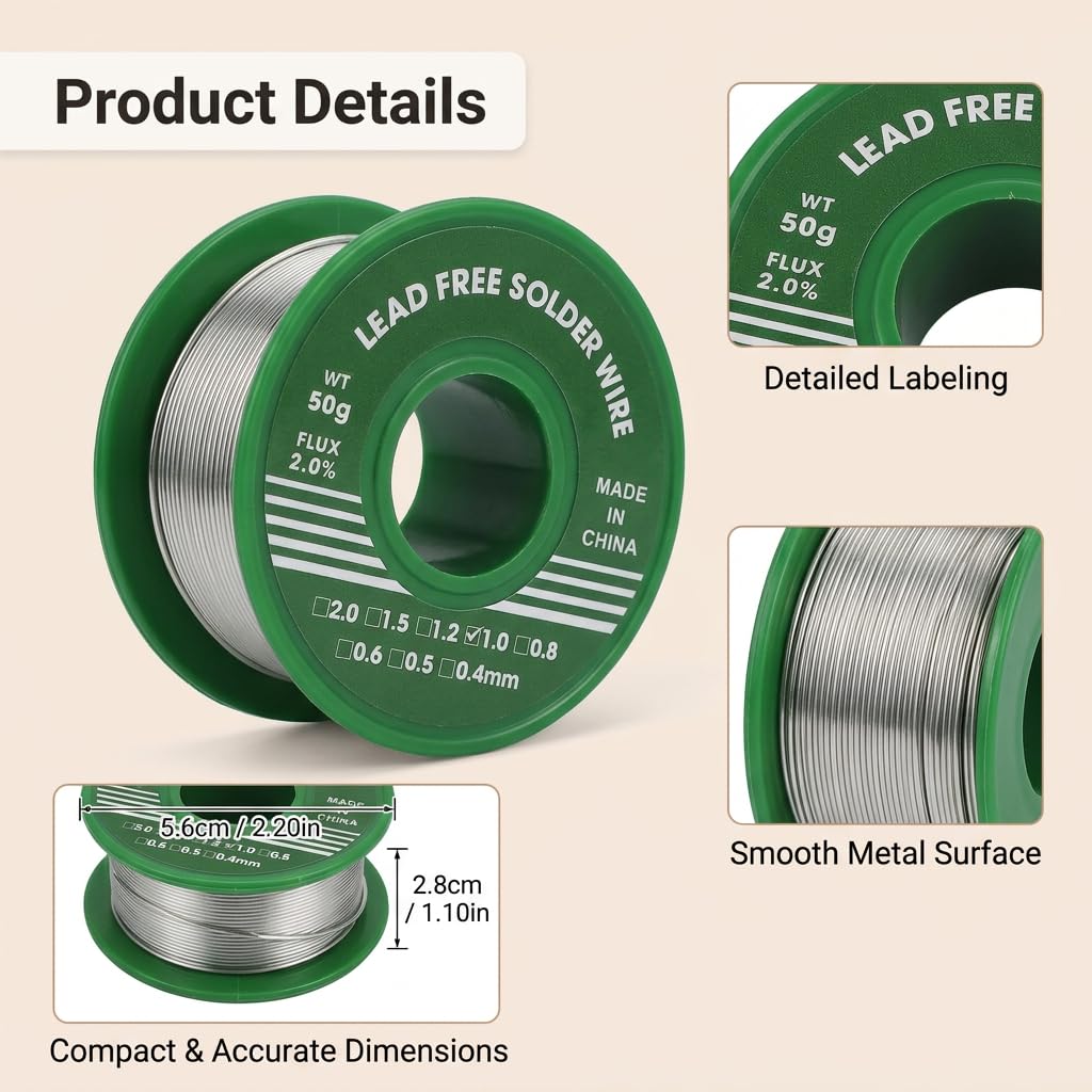 Alambre de Soldadura sin Plomo 1mm 50g Sn99.3% Cu0.7%, Estaño para Soldar con Núcleo de Colofonia 2% Flux, Hilo Estaño Soldadura para Electrónica PCB, Reparación de Cables y Proyectos DIY — view 5