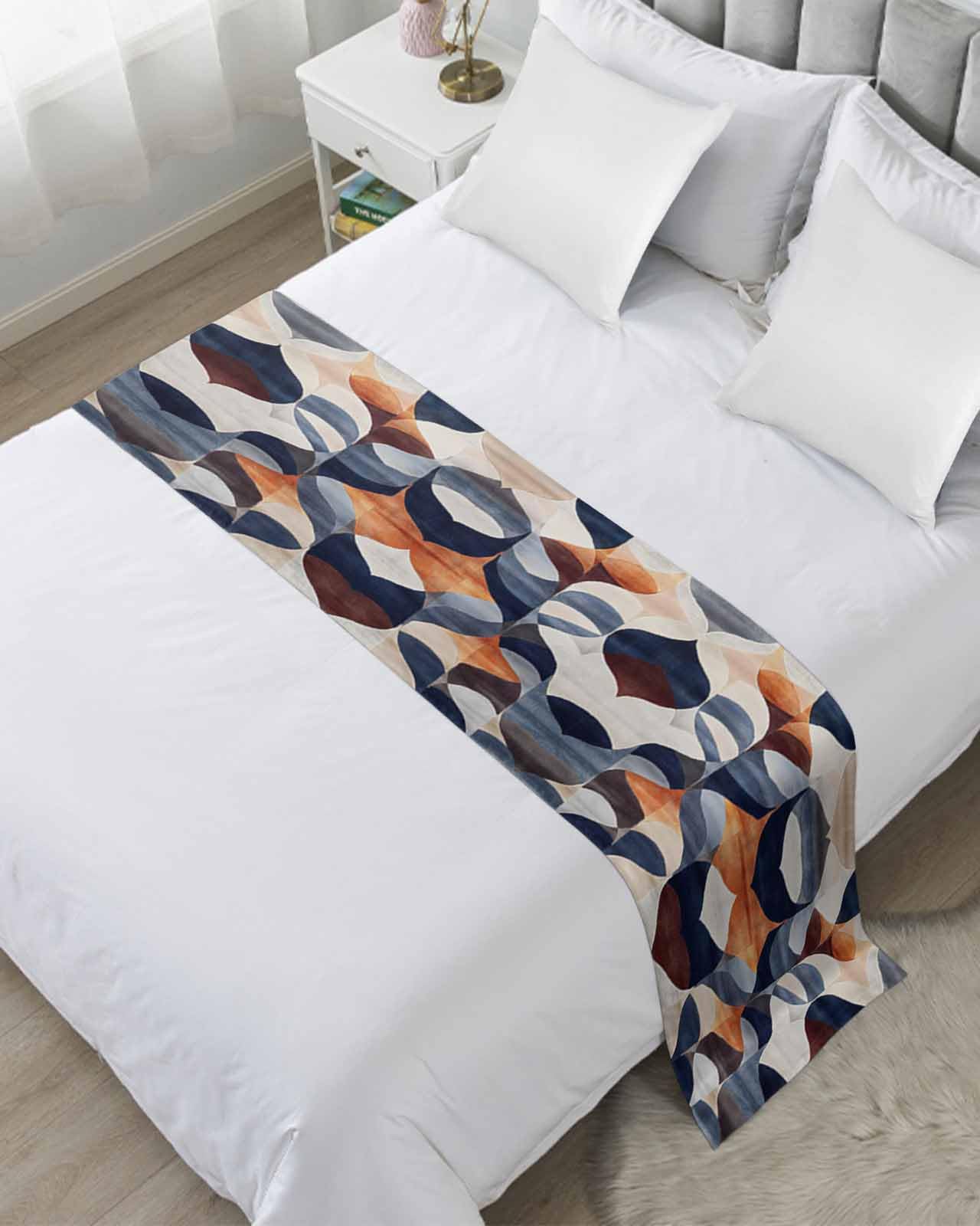 Navy Blue Burnt Orange Bed Runner for Full/Queen Size, Retro Geometric Abstract Bedspread Protector Slipcover Bed Scarf for Foot Runners & Scarves for Bedroom Hotel Wedding Room 83x20 Inches