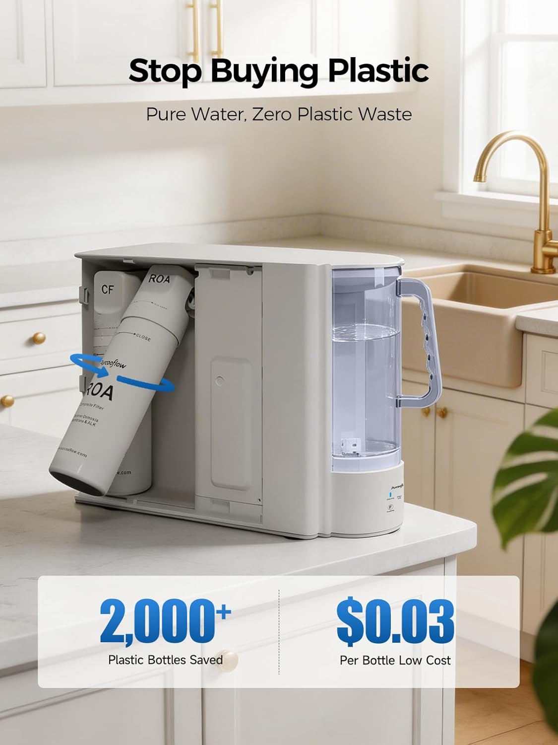 Countertop Reverse Osmosis Alkaline Water Filtration System, Compact Auto-Fill Dispenser for Home, 4-in-2 Water Purifier, 3.5:1 Pure to Drain Ratio, No Plumbing Required,