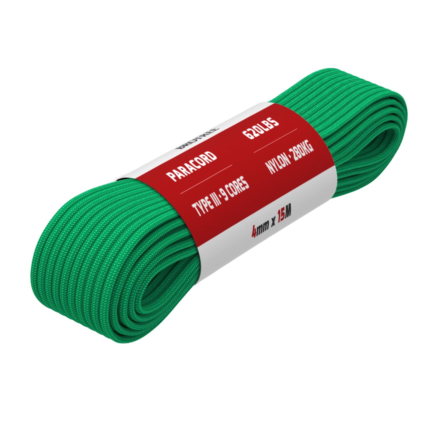 Brotree Paracord 4mm 15M 9 Strands 100% Nylon Rope Type 3 Parachute Cord for Outdoor, Bracelet, DIY - 280kg Breaking Load (Jade Green)