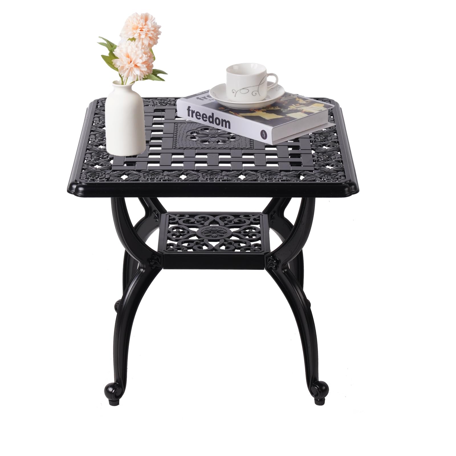 WILOUNGE 21" Cast Aluminum Outdoor Side Table,Small Patio Table,Outdoor Coffee Tables for Patio,Garden,Balcony, for All Weather (Black, Square)