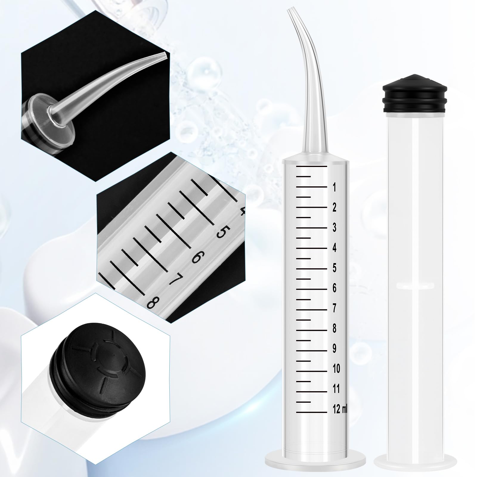 Lot de 4 seringues dentaires de 12 ml seringue dentaire en plastique transparent avec pointe incurvée et verre doseur pour soins bucco-dentaires et nettoyage
