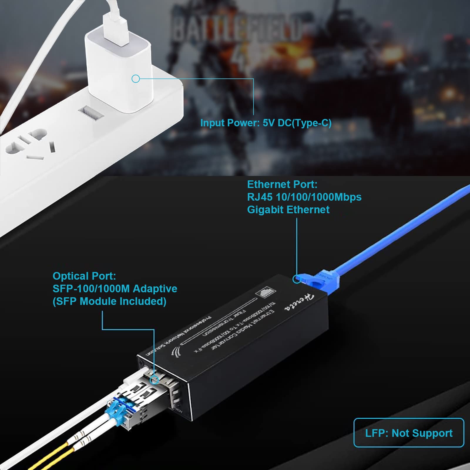 Gigabit Ethernet Media Converter, Modo Singolo LC, 10/100/1000M RJ45 a 100/1000Base-LX, 1310nm, 20km