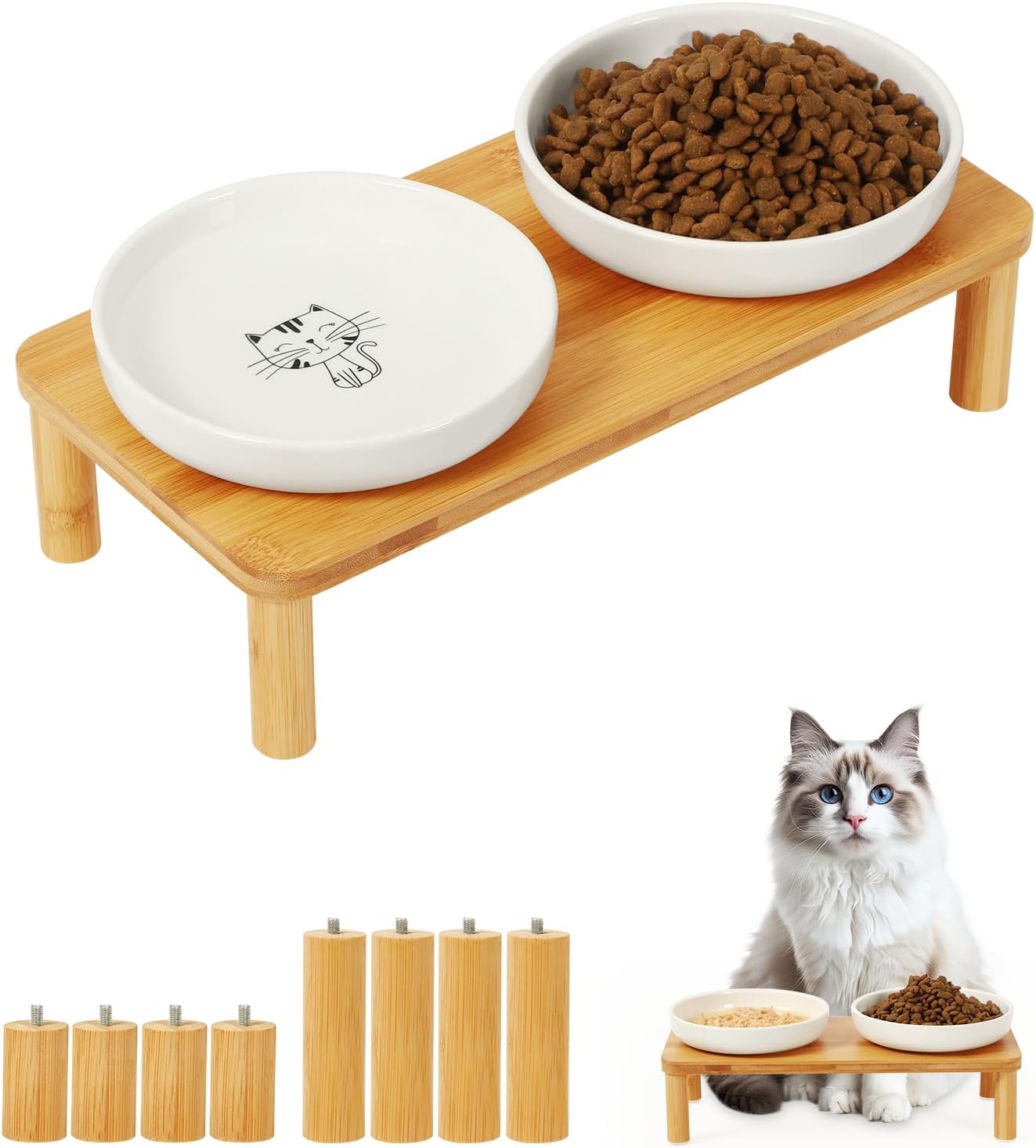 DoogCat Elevated Cat Bowls for Indoor Cats – Raised Bamboo Cat Food Table with 2 Ceramic Dishes, Adjustable Height (4.25"/3.07"), Whisker Friendly Feeding Station
