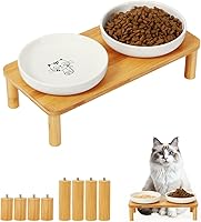 Vista 10 de Cuencos elevados para gatos de interior – Soporte elevado de bambú para gatos con platos de acero inoxidable de 5.5 pulgadas de ancho, plato de mesa