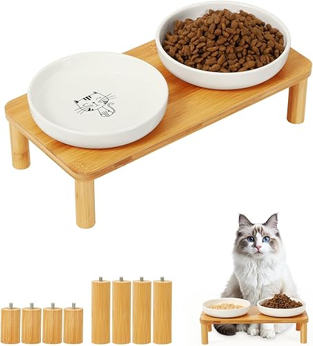 Miniatura 10 de Cuencos elevados para gatos de interior – Soporte elevado de bambú para gatos con platos de acero inoxidable de 5.5 pulgadas de ancho, plato de mesa