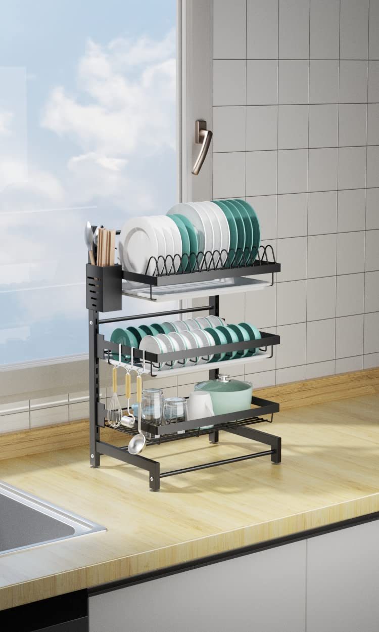 Luchs - Escurreplatos para platos/escurreplatos/estante para secar/especias/soporte para platos/organizador de cocina con rejilla de goteo (3 niveles)