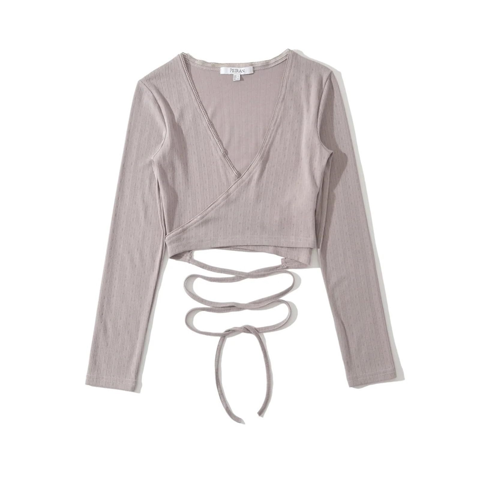 Sexy Strick-Baumwolle im Ballettstil mit Schnürung an der Taille, Wickel-T-Shirt, Skinny-T-Shirt for Damen mit gekreuztem V-Ausschnitt und langen Ärmeln, Crop-Tops