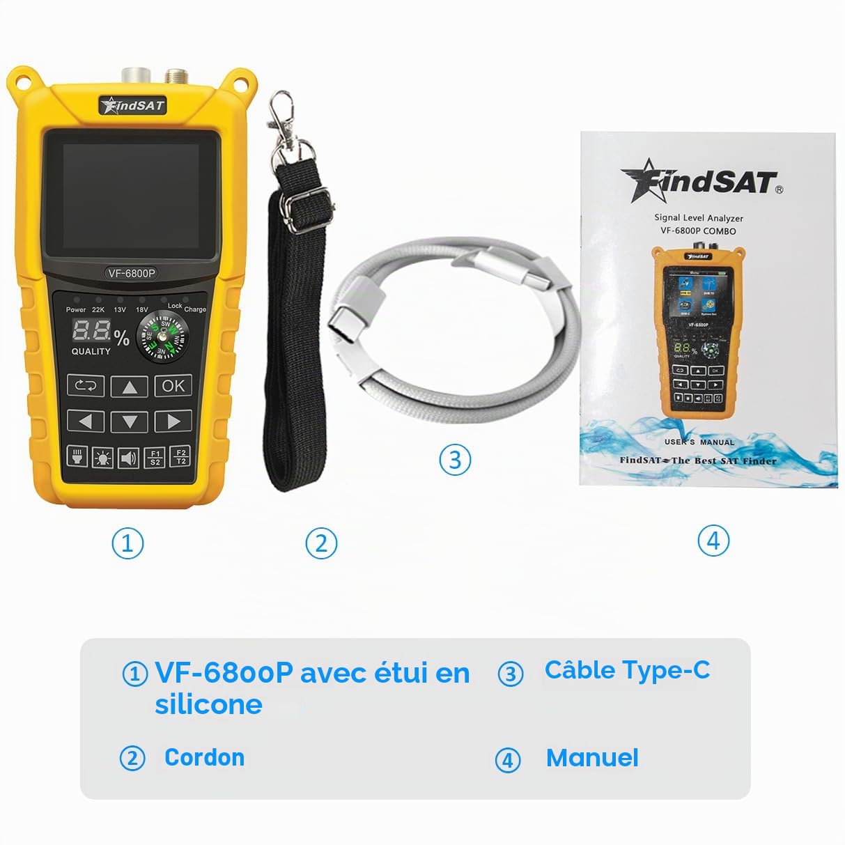 VF6800P Pointeur Satellite Parabole for DVB-S/S2 (Sat) DVB-T/T2 (Terrestrial) and DVB-C (Cable), Satellite Finder DVB-S2/S/T2/T/C, Pointeur Antenne TNT Terrestre et Satellite(Pas d'image TV)