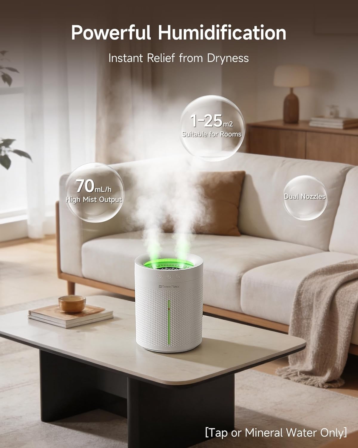 Space Player Cordless Humidifier for Bedroom, 3L Top Fill Cool Mist Ultrasonic, 4000mAh Portable, Quiet 23dB, Auto Shut-Off Timer, Easy Clean, for Baby Nursery, Plants, Home Office