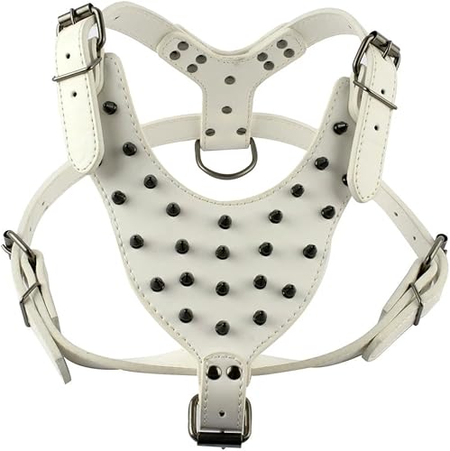 Miniatura 3 de Juego de 3 piezas de collar y correa y arnés de perro blanco con tachuelas negras de cuero, para cuello de boxer, para Pitbull de 21 a 24 pulgadas