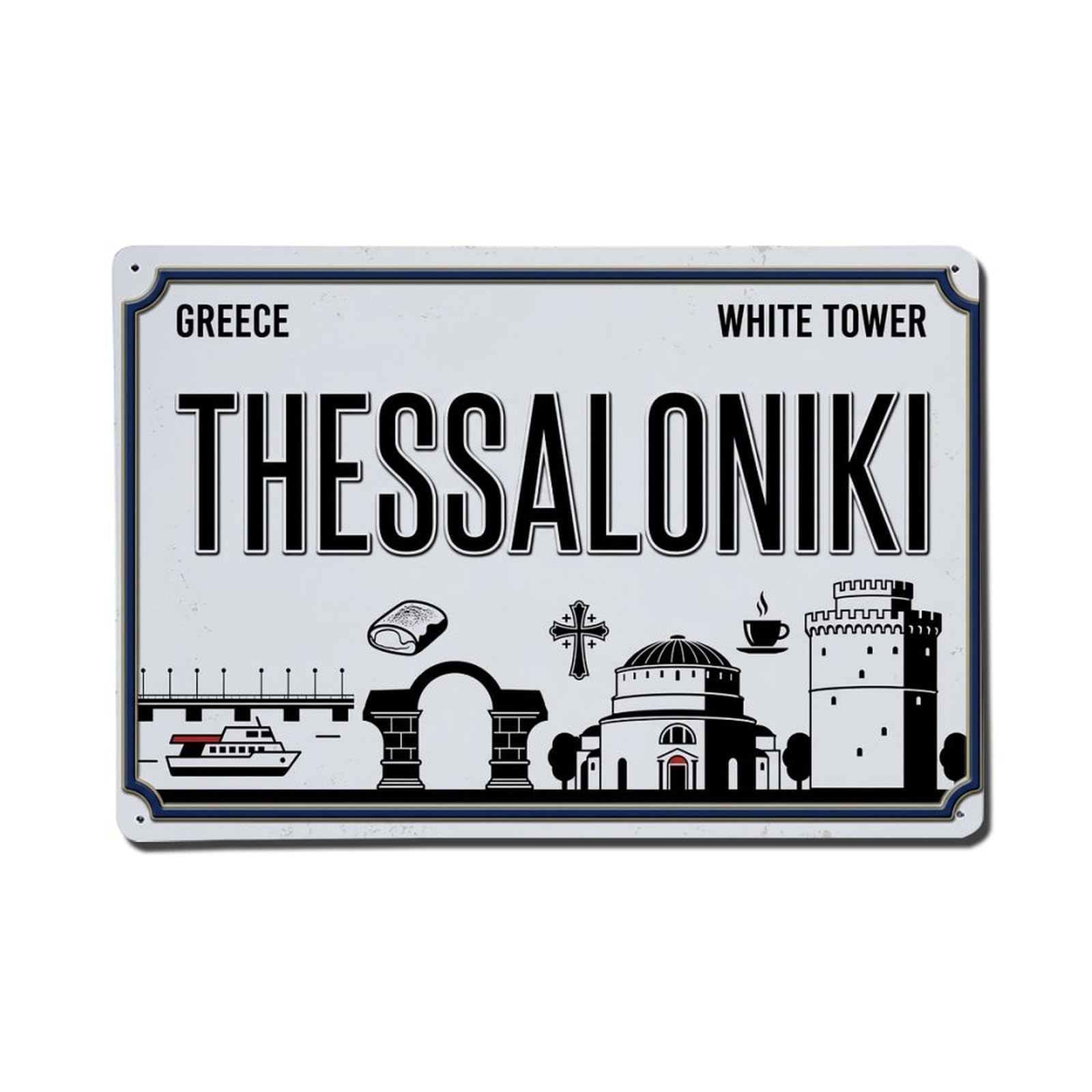 Vintage Travel Thessaloniki White Tower Bougatsa Metal Tin Sign Plaque Wall Decor for Cafe, Club Bar, Office, Garden Metal Poster 8x12Inch