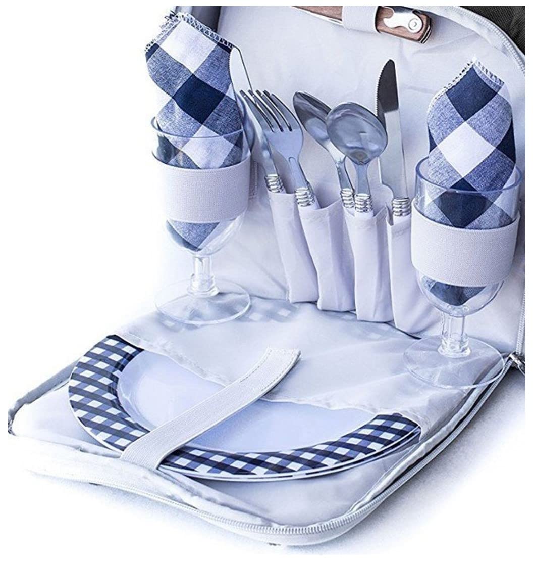 Picknickkorbtaschen-Set für 2 Personen, isolierte Tragetasche mit Kühlfach, 2 Flaschenabschnitte, inklusive Weingläser, Teller, Besteck und komplettem Besteck