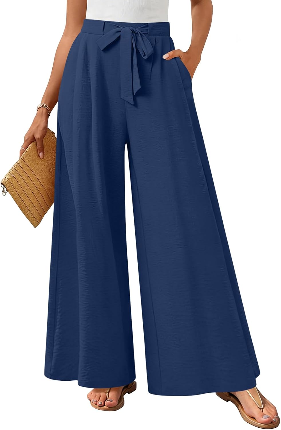 Anyhold Womens Wide Leg Lounge Pants Loose High Waisted Pants Drawstring Casual Work Palazzo Trousers with Pockets