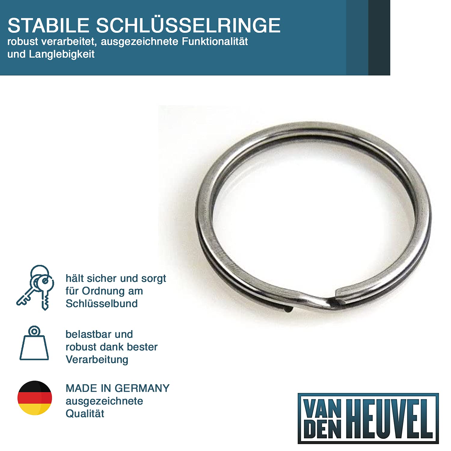 van den Heuvel | 100 Stahl Schlüsselringe 50mm Durchmesser | großer Schlüsselanhängerring gehärtet | langlebiger Schlüsselanhänger zur Schlüsselorganisation | Made in Germany