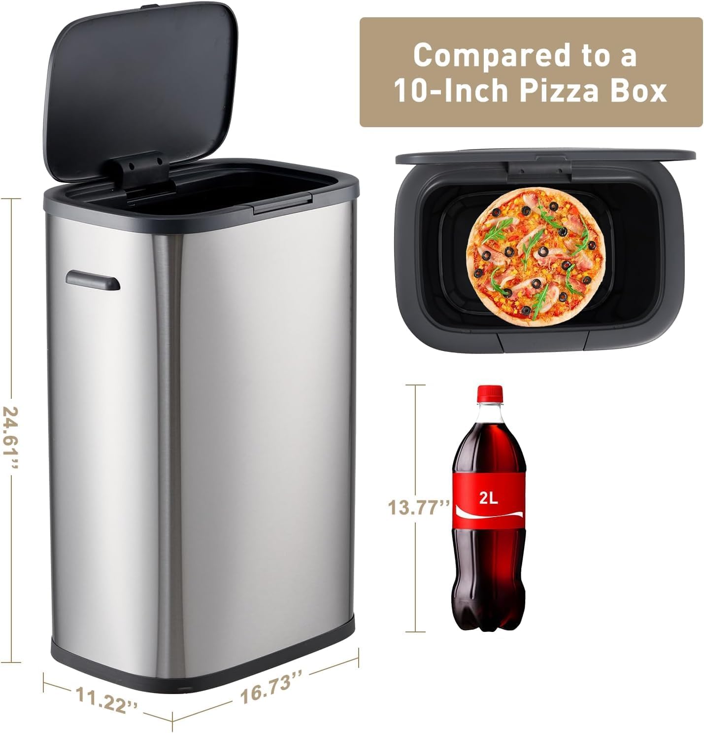 13 Gal Kitchen Trash Can with Pop-Up Lid, Dog Proof Garbage Can, Slim Stainless Steel Waste Bin for Kitchen, Bathroom, Office, Soft-Close Silent Design