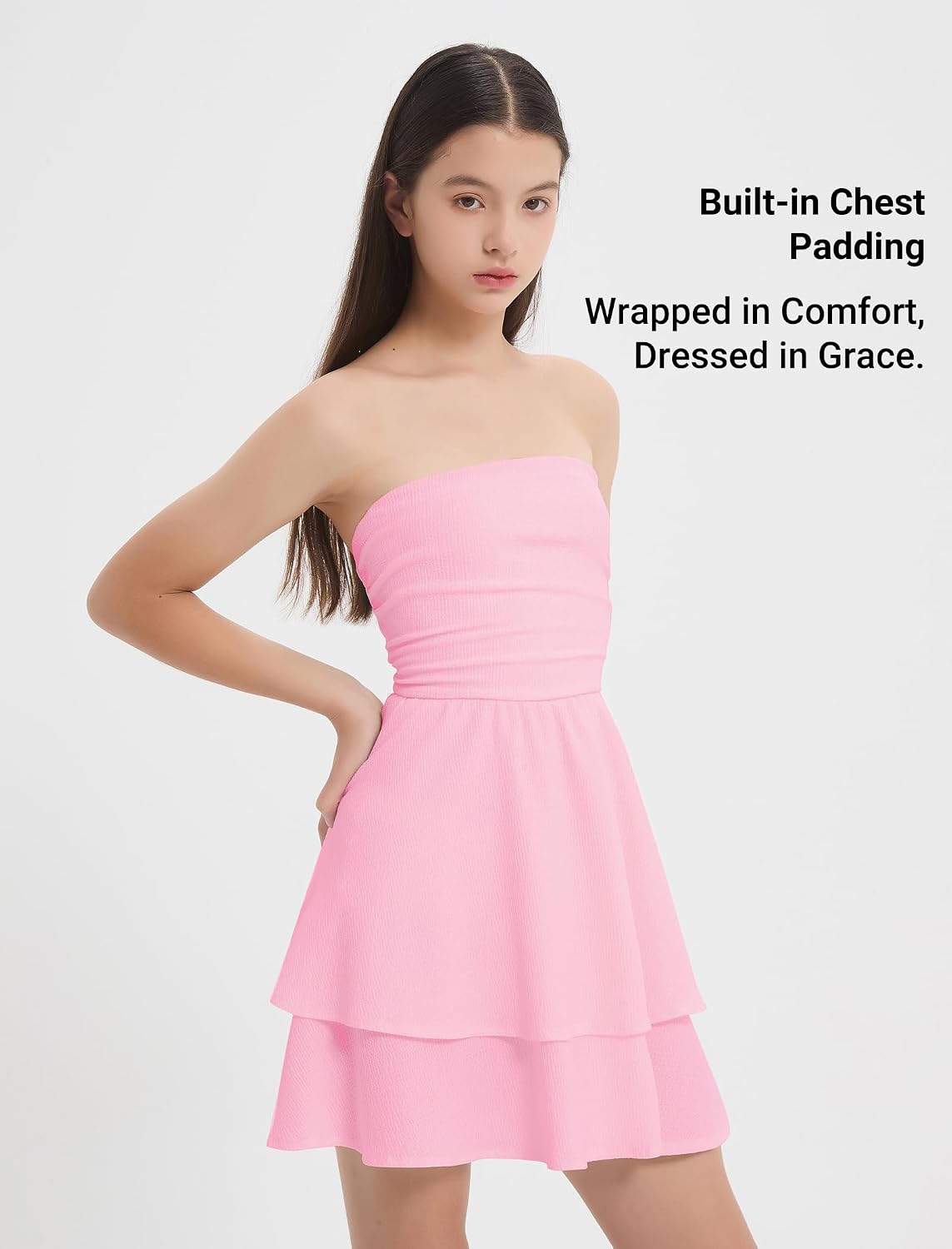 EXARUS Girls Strapless Padded Dresses Tube Top Smocked Ruffle Hem A-Line Teen Mini Graduation Summer Casual Dress 8-14Y