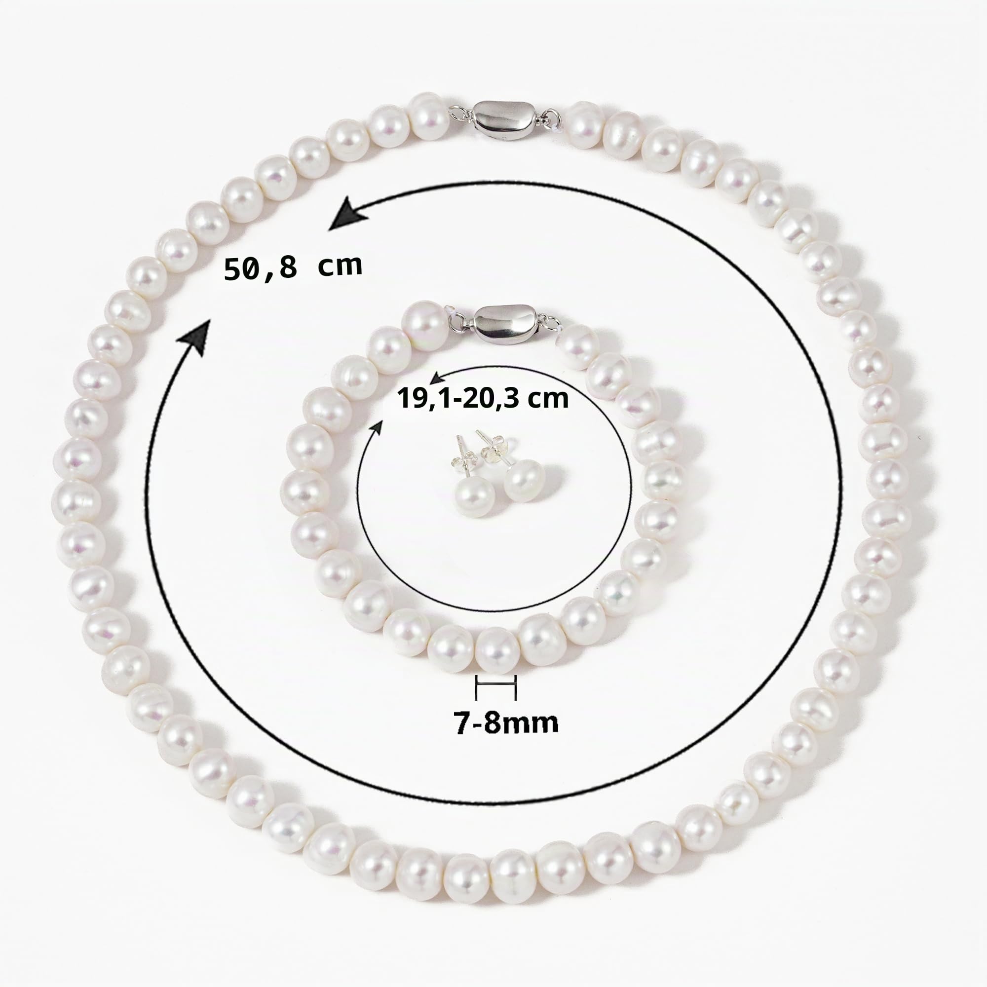 Il set di collana con perle d'acqua dolce coltivate include uno splendido set di gioielli con bracciale e orecchini a perno per donne, collana: 50,8 cm, braccialetto: 20,3 cm, argento