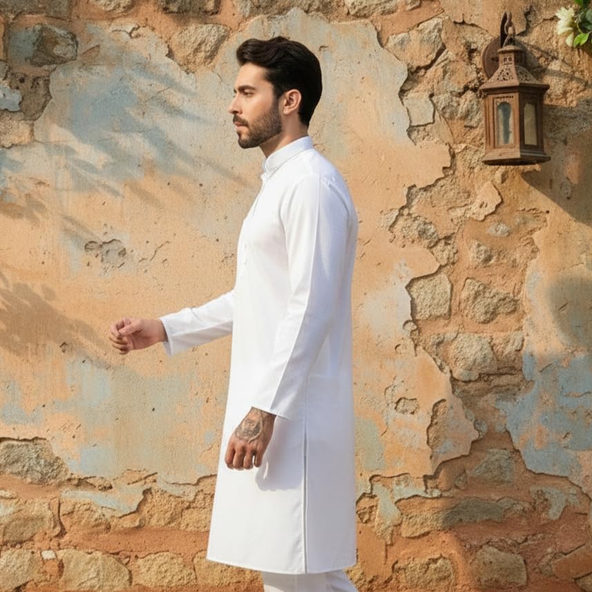 Image of Men's Cotton Blend Blend Knee Length Solid Color Style Stright Long Mandrin Collor Ethnic Casual Wear Kurta Only