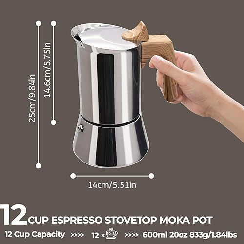 Miniatura 2 de Cafetera Moka Pot 304 sin recubrimiento de acero inoxidable grueso para 12 tazas, cafetera de café expreso, estilo italiano, clásico, Greca, Café,