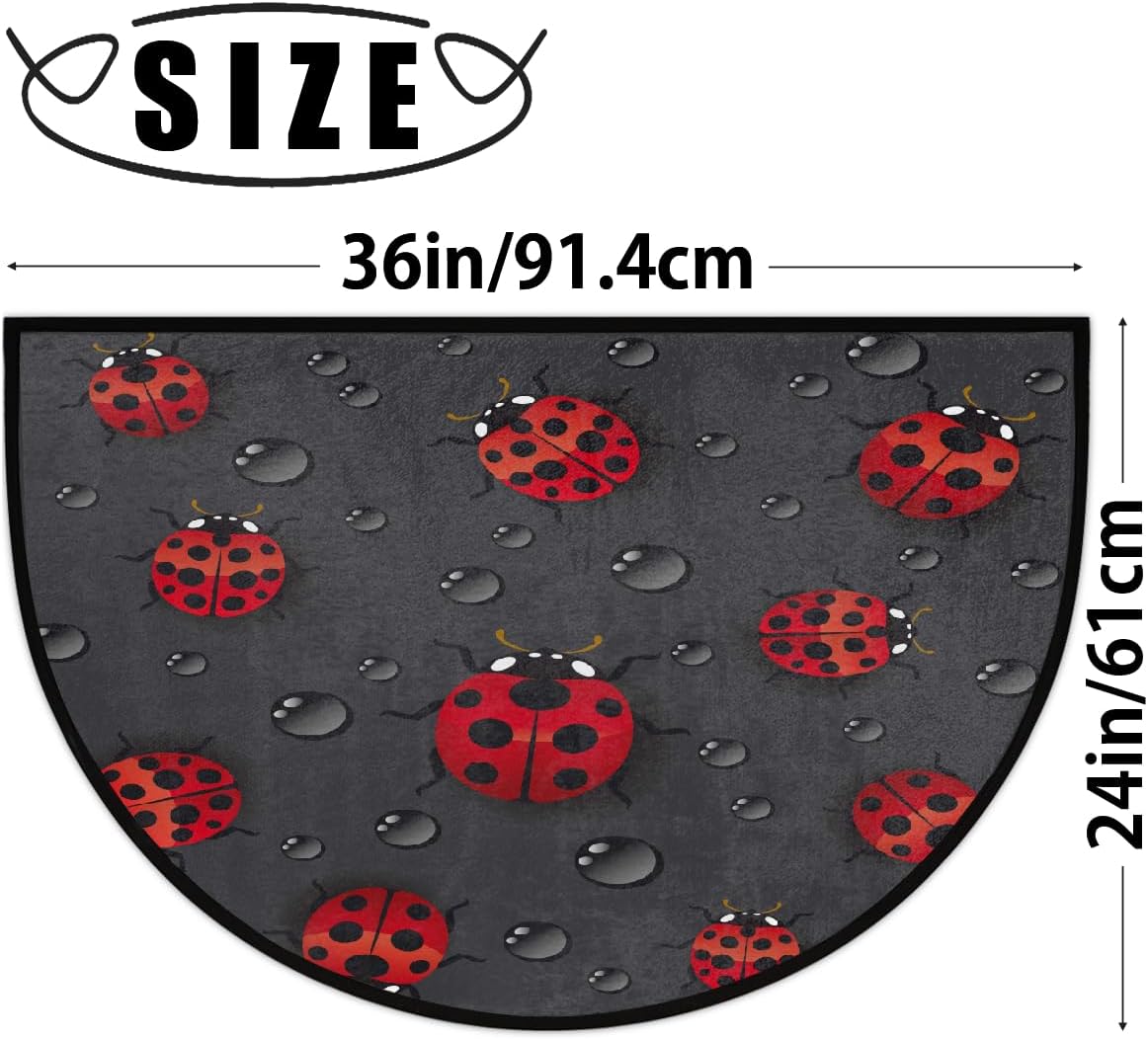 Half Round Door Mat Indoor Entrance 36"x24", Red Ladybugs Super Absorbent Non-Slip Half Circle Doormats for Entryway,Garage,Patio
