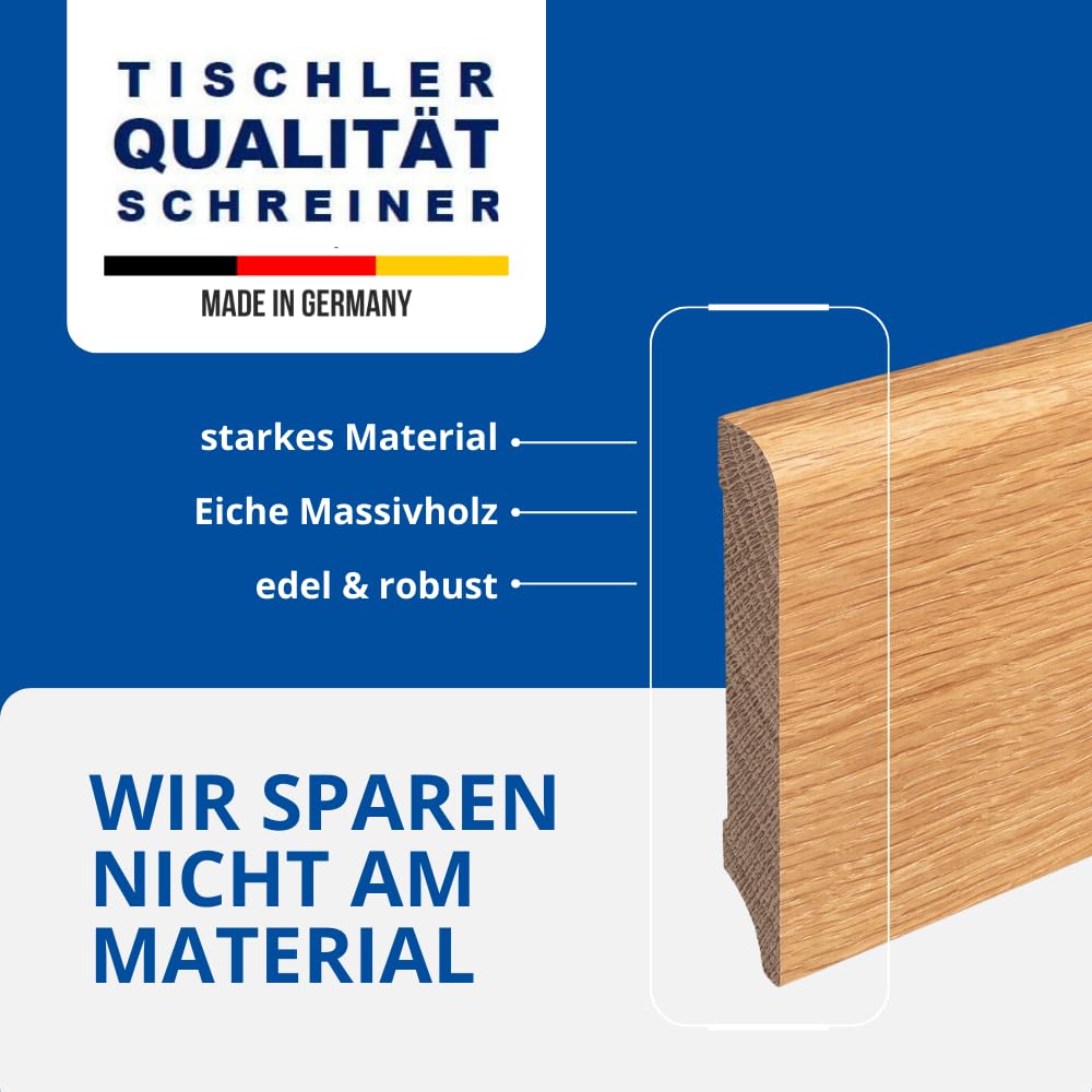 REESE | MASSIVHOLZ Sockelleiste | Eiche LACKIERT | Münchener Profil | Oberkante Rund | (100mm Höhe, 1 Stück / 2,3lfm)