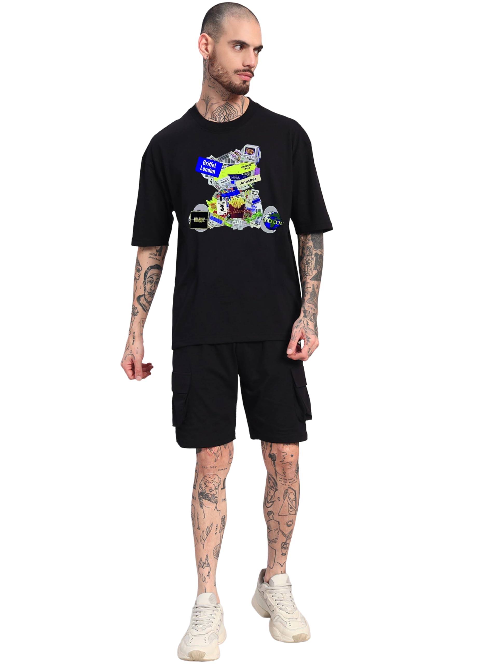 griffel Men’s Glitch Teddy Oversized Cotton Co-Ord Set | Graphic Printed Relaxed Fit T-Shirt with Cargo Shorts | Streetwear Summer Outfit-picture-10