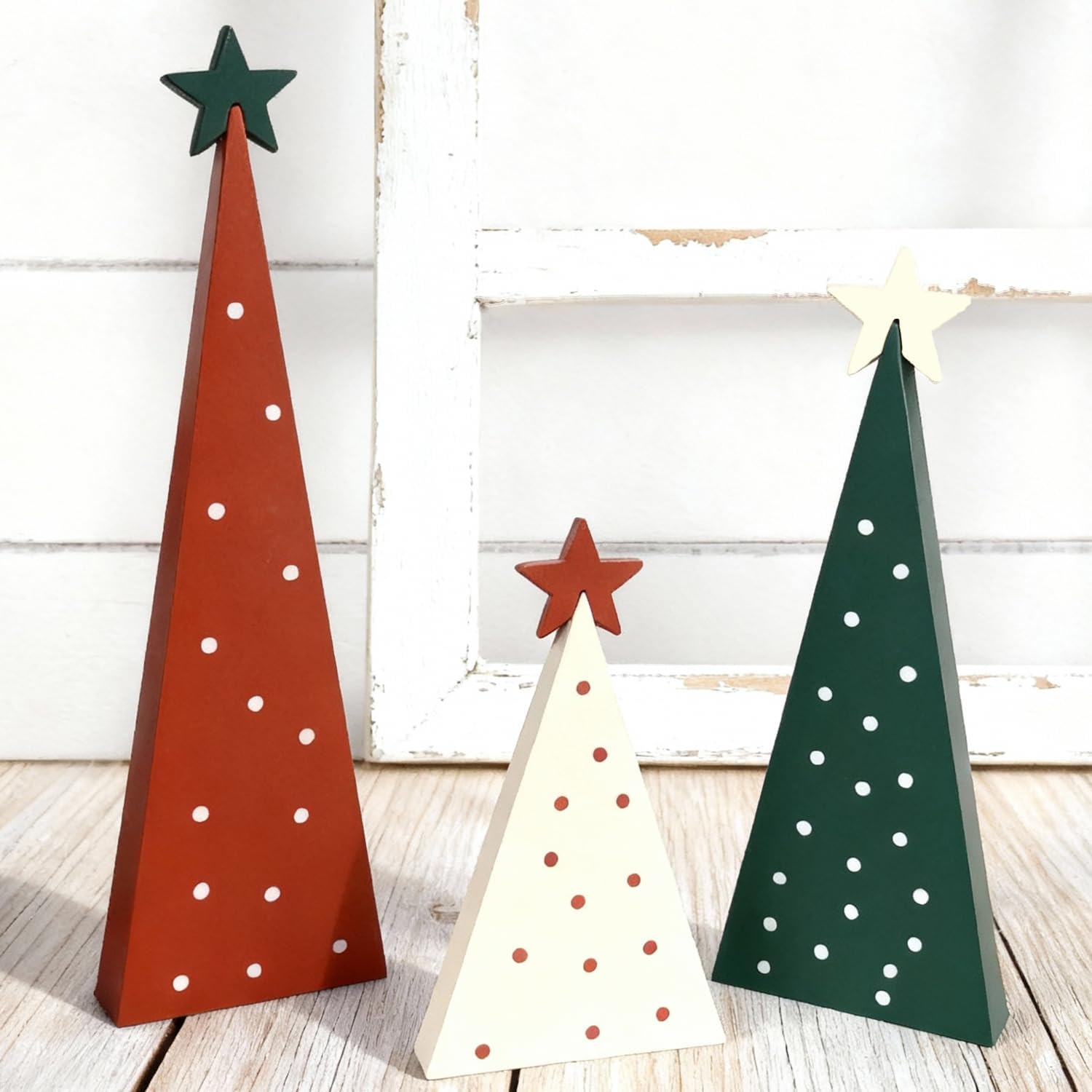 Wooden Christmas Tree Decor, 3 Sizes Christmas Desk Tabletop Decorations with Star, Wooden Tree Sign Decorations for Shelf, Mantel, Fireplace, Party, Farmhouse Red Green White