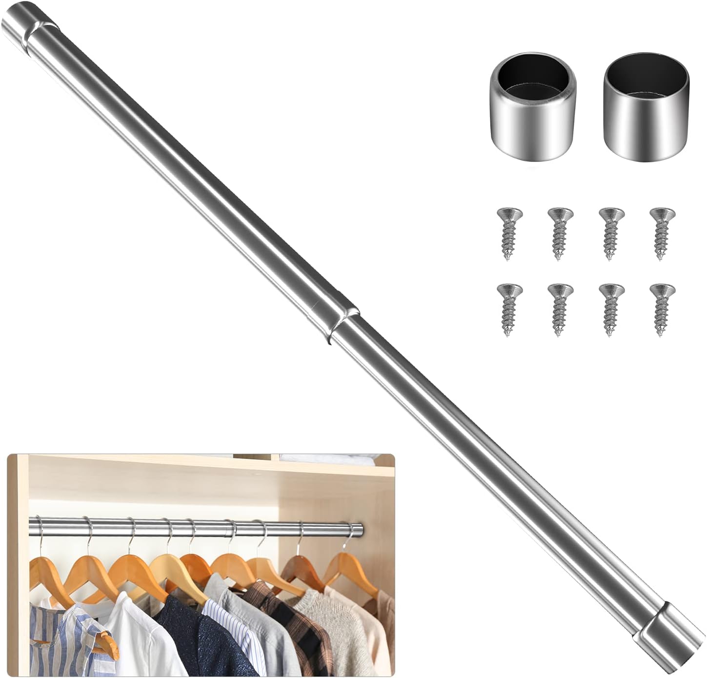 WAENLIR 70cm-120cm Extendable Stainless Steel Wardrobe Rail, Adjustable Clothes Rail Pole With End Sockets.
