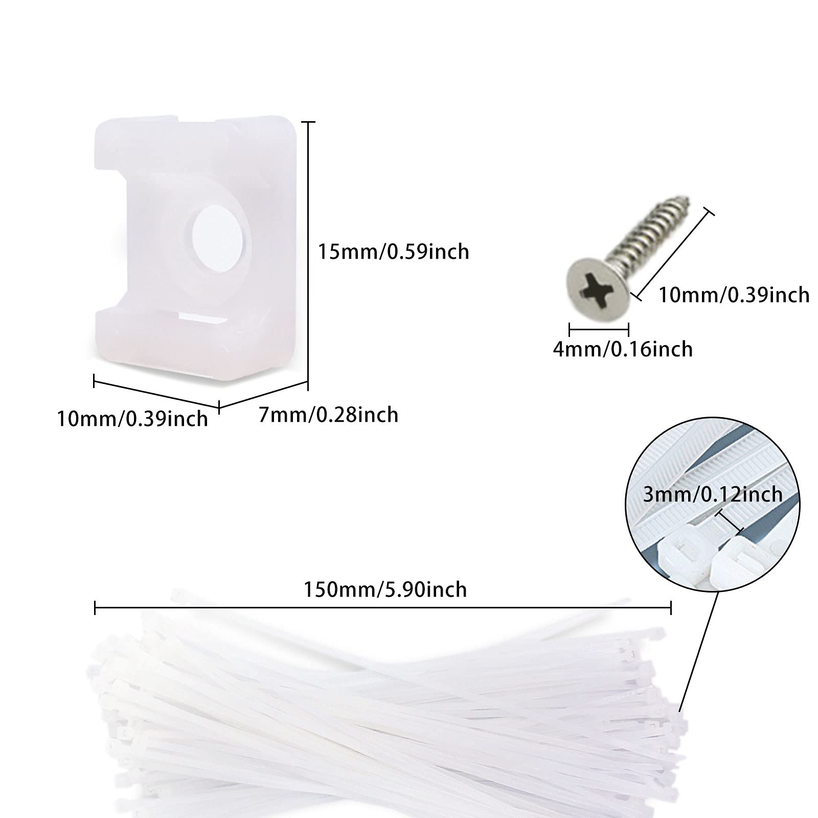 YIOVVOM 100 Pack Cable Tie Mount With Screw,100 Pack Saddle Type Zip Ties Holder, High Strength, Black Zip Tie Bases For Wire Management,Electronic Cord Organizer Clip (Small, White)