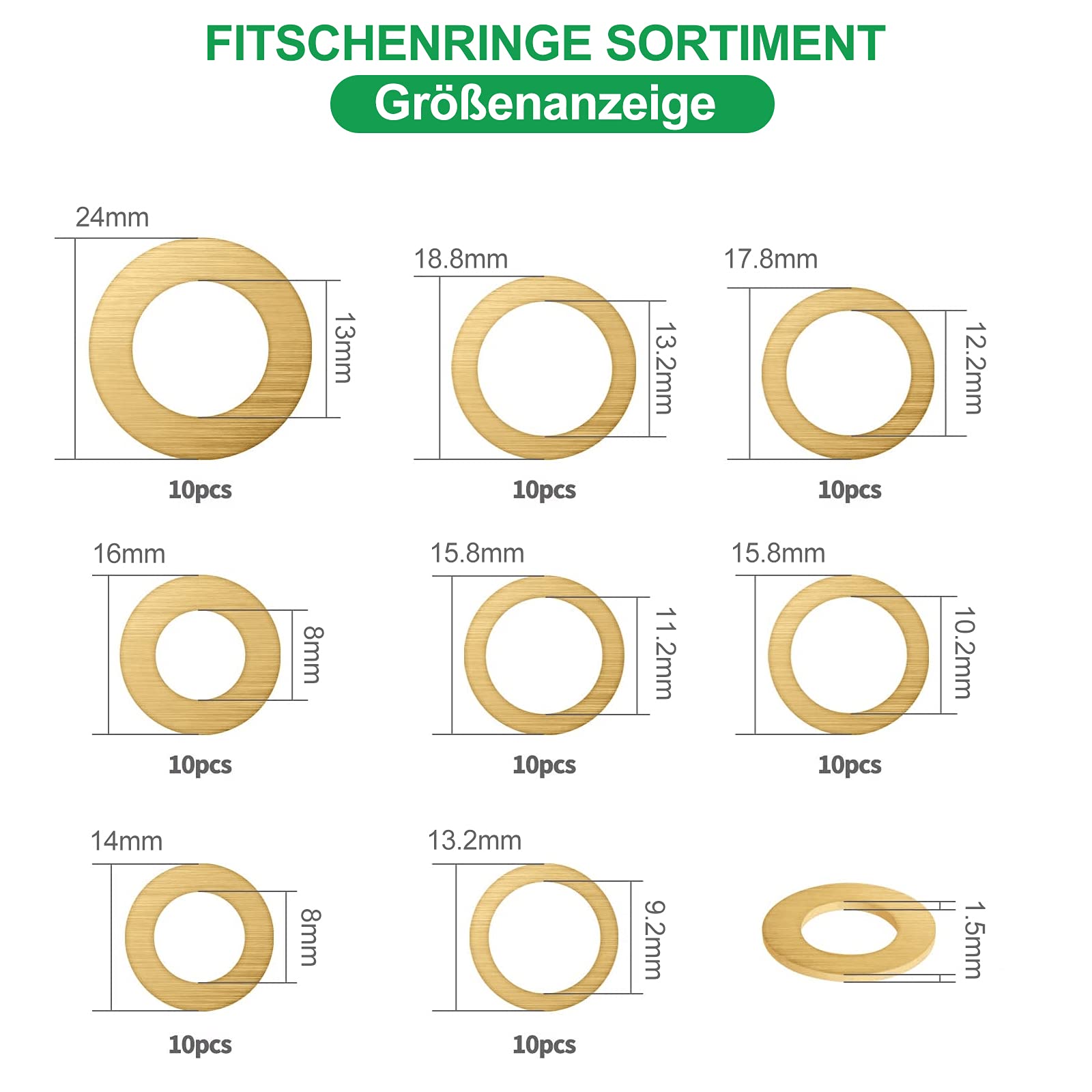 Foliv 80 Pieces Fitting Rings Assortment, Brass Washer Set, Diameter 8/9.2/10.2/11.2/12.2/13/13.2 mm in Assortment Box - Image 2