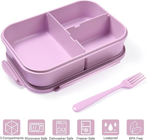 Miniatura 3 de Jeopace Lonchera Bento para adultos, lonchera Bento con 3 compartimentos, apta para microondas (cubiertos incluidos, morado y naranja)