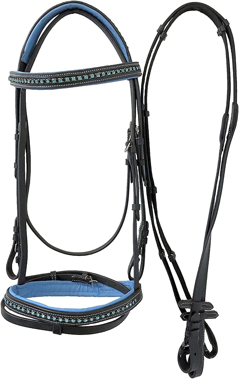 English Bridle Headstall Reins Cowhide Genuine Leather Horse Crossover Crossunder Raised Fancy Stitched Laced All Purpose Jumping Dressage Rubber Crystal Padded Adjustable Browband Full-Cob,M60