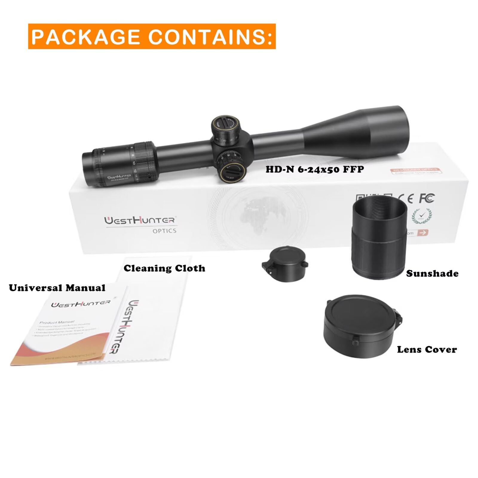 WestHunter Optics HD-N 6-24x50 FFP Mirino Telescopico, Tubo da 30 mm, Retina Incisa su Vetro al Primo Piano Focale, Cannocchiali per Fucile Tattico da Caccia e Tiro a 1/8 MOA