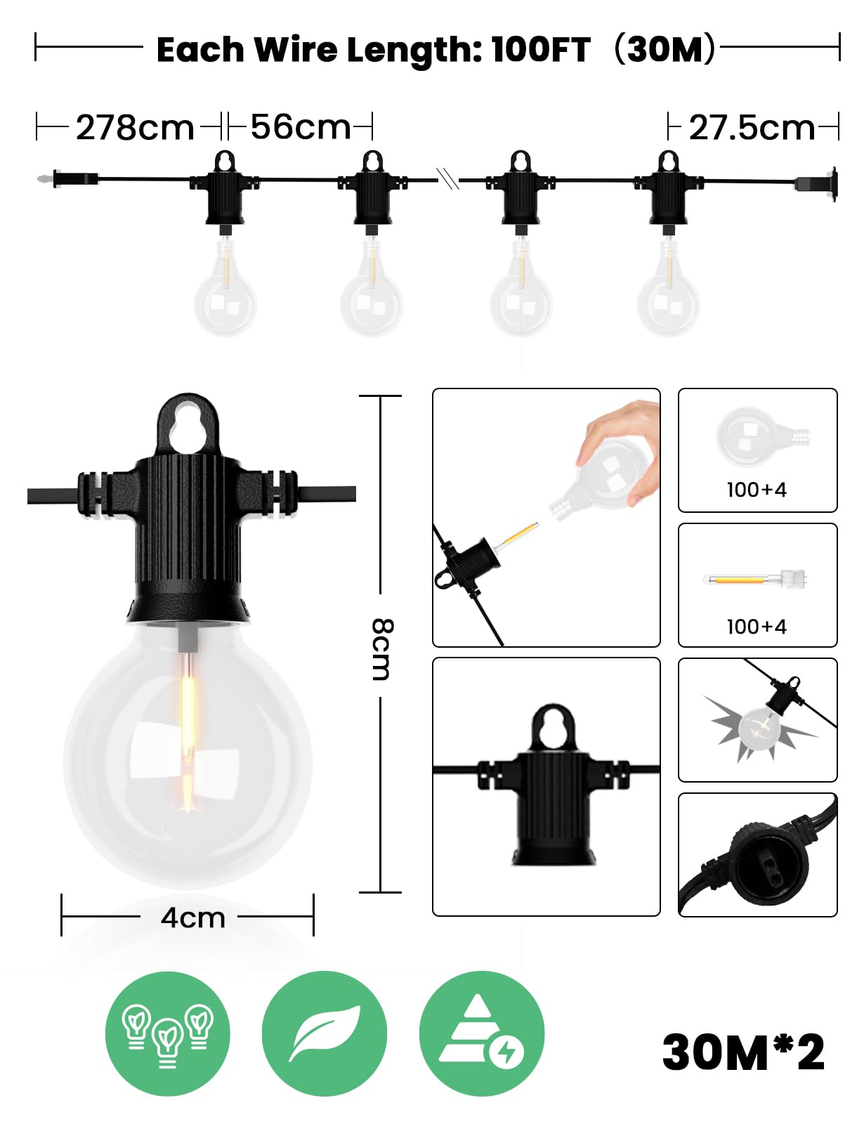 ZOTOYI Lichterkette Außen Glühbirnen 60M, IP65 Wasserdicht Outdoor Lichterkette Strom mit 80+4 G40 LED Bruchsicher Glühbirnen Plastik, Innen&Außen Lichterketten für Garten,Party,Terrasse,Balkon
