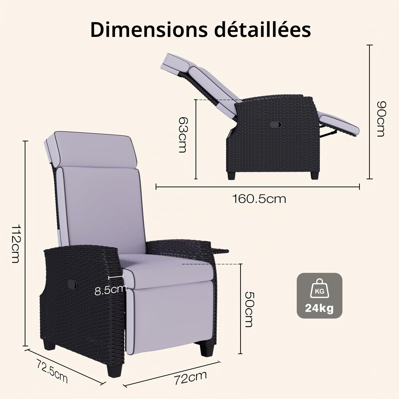 Fauteuil Relax de Jardin avec Dossier Réglable et Table Latérale | Rotin PE résistant aux UV, cadre en aluminium, coussins déhoussables, idéal jardin et terrasse