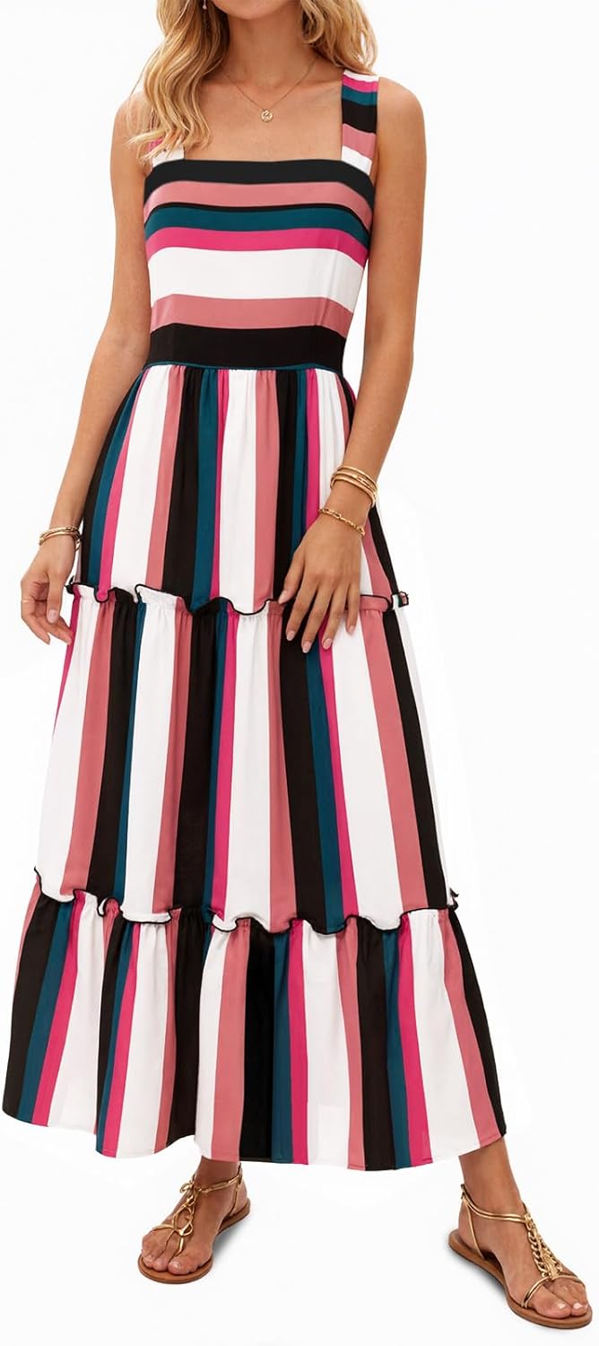 Yousify Womens Summer Maxi Dress 2026 Striped Casual Patchwork A Line Smocked Long Dress Boho Flowy Swing Beach Sundress - Image 2