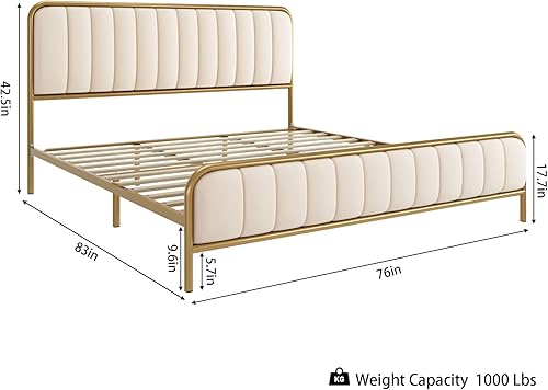 Miniatura 2 de HITHOS Base de cama tamaño King, base de cama tapizada con cabecera capitoné con botones, base de colchón de metal resistente con listones de